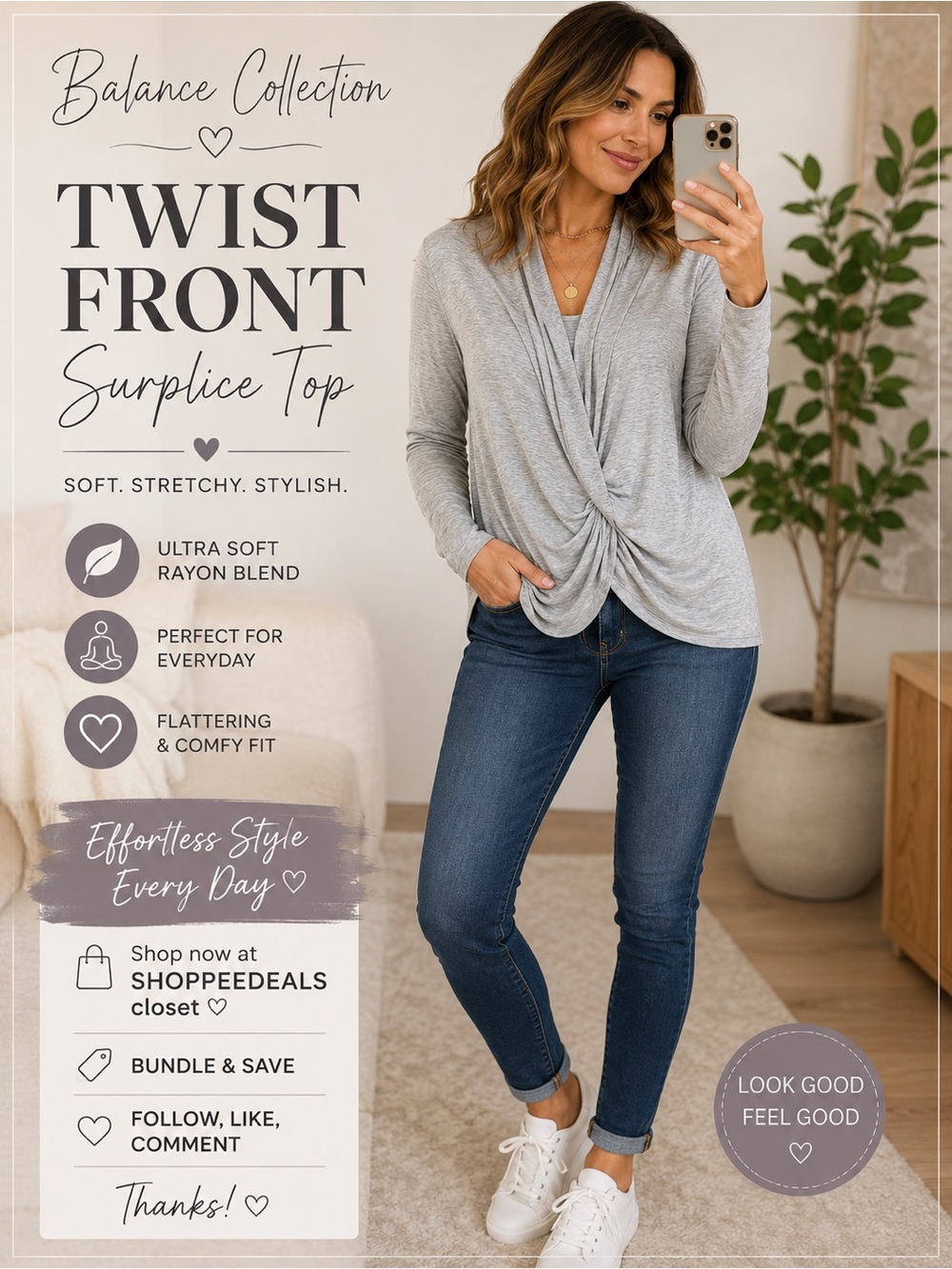 Balance Collection Gray Twist Front Surplice Long Sleeve Top – Size Large